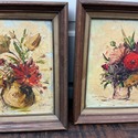Set Mid Century Floral Oil Paintings Orange Rust B