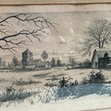 Antique Engraving Print Stone Cottage Village Well