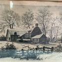 Antique Engraving Print Stone Cottage Village Well