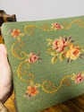 Antique Needlepoint Foot Stool Green w Colorful Fl