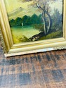 Antique Oi Painting Landscape River Mountains Gree