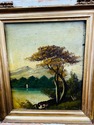 Antique Oi Painting Landscape River Mountains Gree