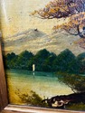 Antique Oi Painting Landscape River Mountains Gree