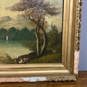Antique Oi Painting Landscape River Mountains Gree