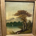 Antique Oi Painting Landscape River Mountains Gree