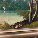 Antique Oi Painting Landscape River Mountains Gree