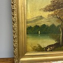 Antique Oi Painting Landscape River Mountains Gree