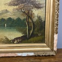 Antique Oi Painting Landscape River Mountains Gree