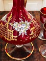 Red Glass Decanter Set Hand Enameled Pitcher 6 Gla