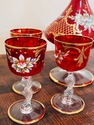 Red Glass Decanter Set Hand Enameled Pitcher 6 Gla