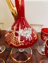 Red Glass Decanter Set Hand Enameled Pitcher 6 Gla