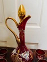 Red Glass Decanter Set Hand Enameled Pitcher 6 Gla