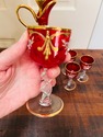Red Glass Decanter Set Hand Enameled Pitcher 6 Gla