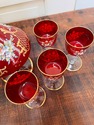 Red Glass Decanter Set Hand Enameled Pitcher 6 Gla