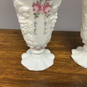 Pair Westmoreland Milk Glass Vases Footed Roses & 