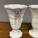 Pair Westmoreland Milk Glass Vases Footed Roses & 