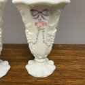 Pair Westmoreland Milk Glass Vases Footed Roses & 