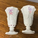 Pair Westmoreland Milk Glass Vases Footed Roses & 