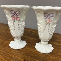 Pair Westmoreland Milk Glass Vases Footed Roses & 