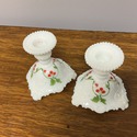 Milk Glass Candlestick Holders Hand Painted Holly 