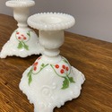Milk Glass Candlestick Holders Hand Painted Holly 