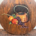 Antique Round Wood Board Painting Copper Kettle St