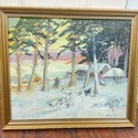 Vintage Painting Winter Snow Scene Woods Herd of S