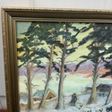 Vintage Painting Winter Snow Scene Woods Herd of S