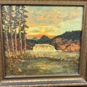 Vintage Oil Painting Dark Autumn Sky Sunset Waterf