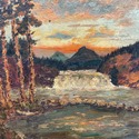 Vintage Oil Painting Dark Autumn Sky Sunset Waterf