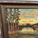 Vintage Oil Painting Dark Autumn Sky Sunset Waterf