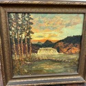 Vintage Oil Painting Dark Autumn Sky Sunset Waterf