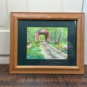 Watercolor Painting Covered Bridge Over Stream Gre