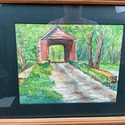 Watercolor Painting Covered Bridge Over Stream Gre