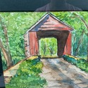 Watercolor Painting Covered Bridge Over Stream Gre