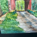 Watercolor Painting Covered Bridge Over Stream Gre