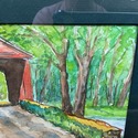 Watercolor Painting Covered Bridge Over Stream Gre