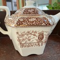 Antique Brown White Teapot Staffordshire Transferw