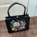 Vintage Petit Point Handbag Purse Top Handle Black