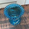 Antique Blue Enameled Glass Vase Ruffle Rim Hand B