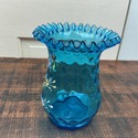 Antique Blue Enameled Glass Vase Ruffle Rim Hand B