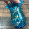 Antique Blue Enameled Glass Vase Ruffle Rim Hand B