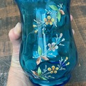 Antique Blue Enameled Glass Vase Ruffle Rim Hand B