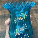 Antique Blue Enameled Glass Vase Ruffle Rim Hand B