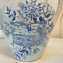 Antique Blue White Transferware Pitcher Jug Harves