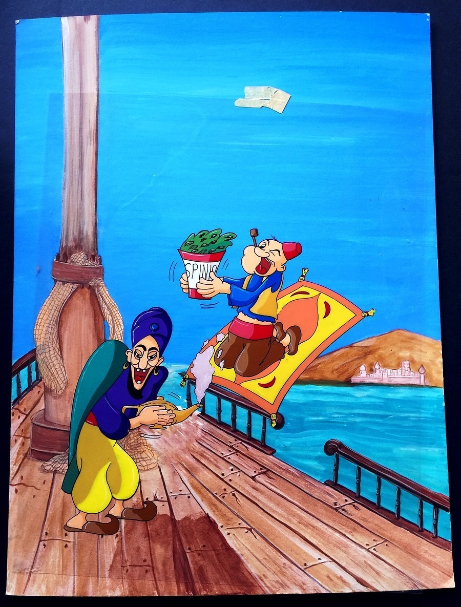 Original Cel and Background of Popeye (Aladdin) on Flying Carpet 15x20