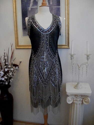 1920's Style GREAT GATSBY Black Silver BEADED FLAPPER Dress-XS, S, M, L ...