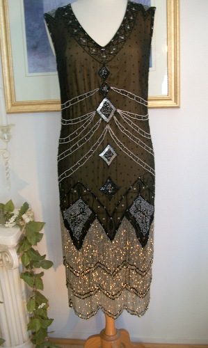 1920s Black Silver BEADED Fringe FLAPPER Dress-S,M,L, XL or Plus sizes ...