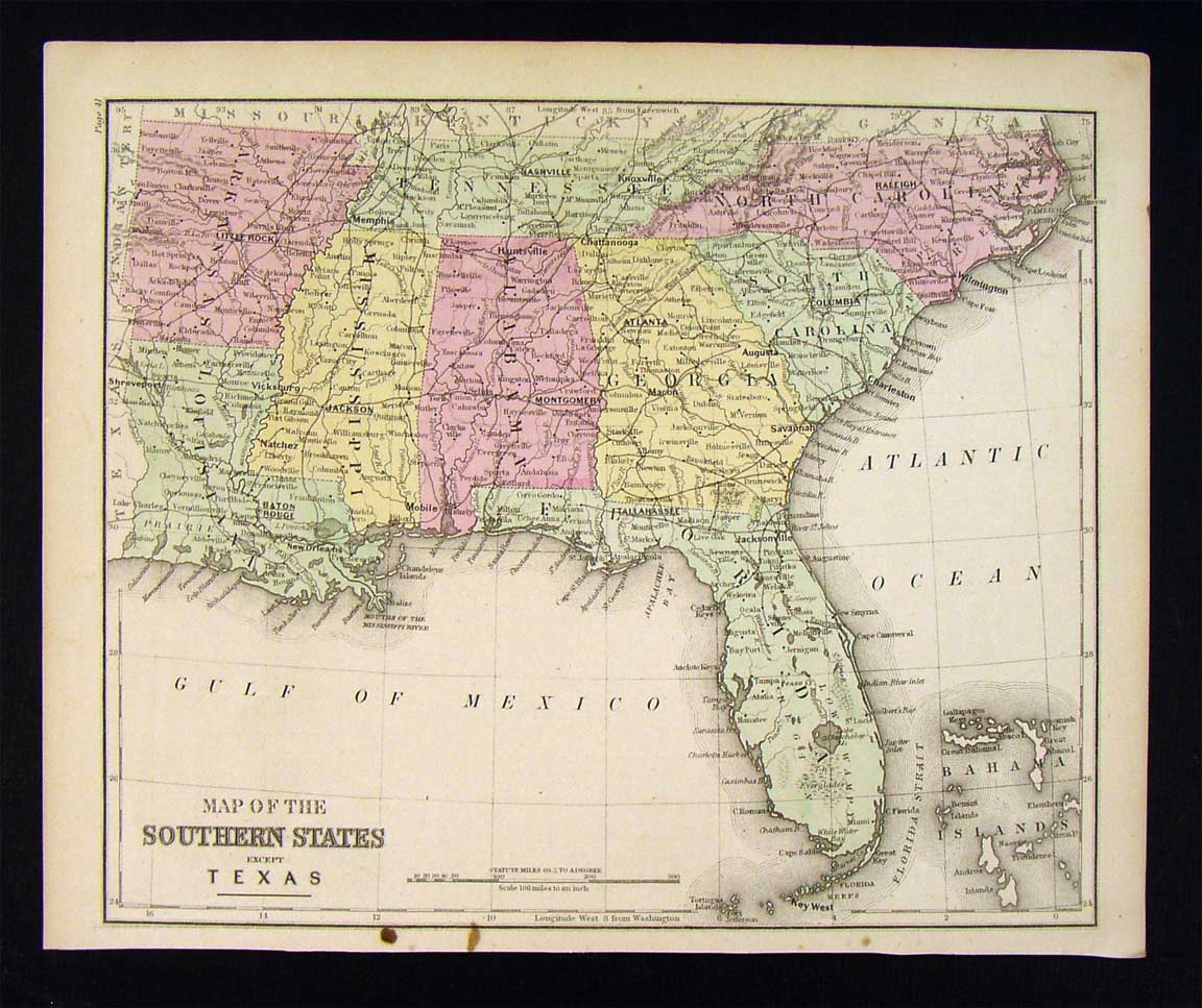 1875 Map S. United States Florida Georgia Alabama Mississippi Carolina ...