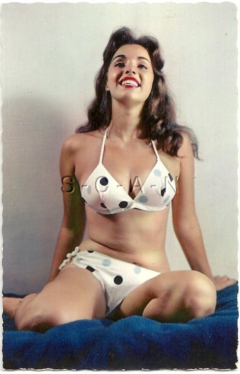 スキャンダル＊ランジェリー下着POPアートピンナップvintage40s〜50s Original 1950s-60s French Risque Pinup PC- Brunette in Polka Dot